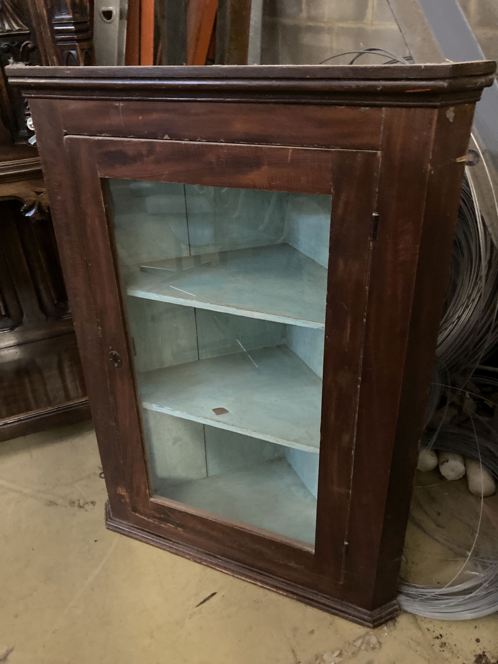 A 19th century pine hanging corner cabinet, width 69cm, depth 36cm, height 95cm